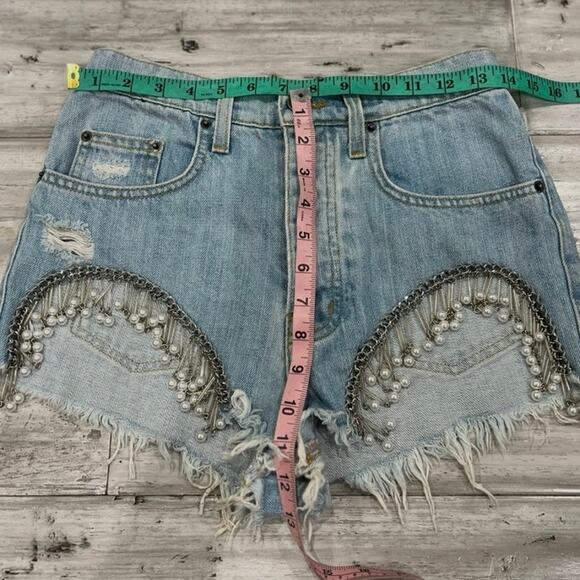 Festival Jeweled Fringe Denim Shorts Pearl Chain Cutoff Size 25 - Picture 8 of 10